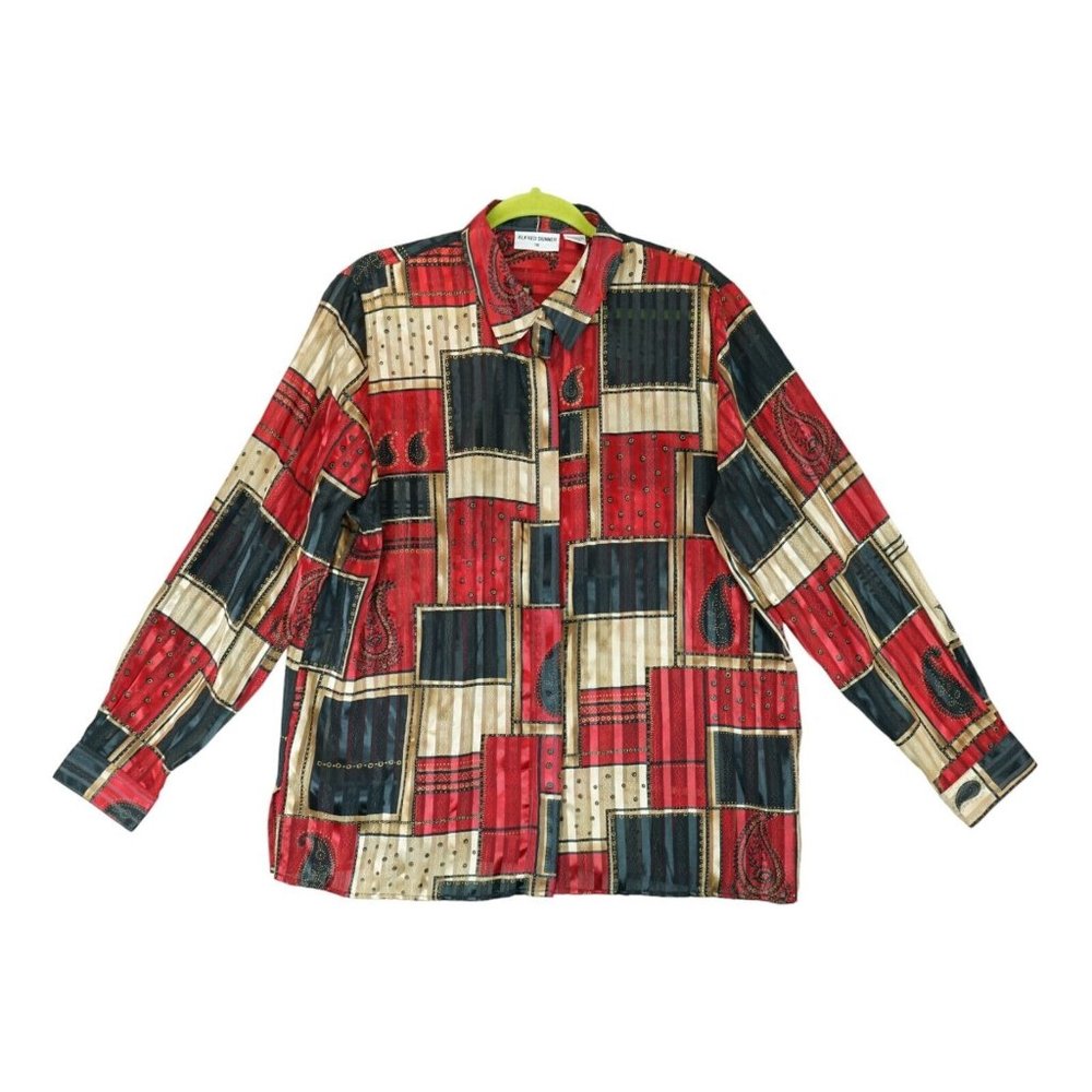 Vintage Dress Shirt Sz 16‎ Red Black Gold Satin Chiffon Shiny Long Sleeve Blouse